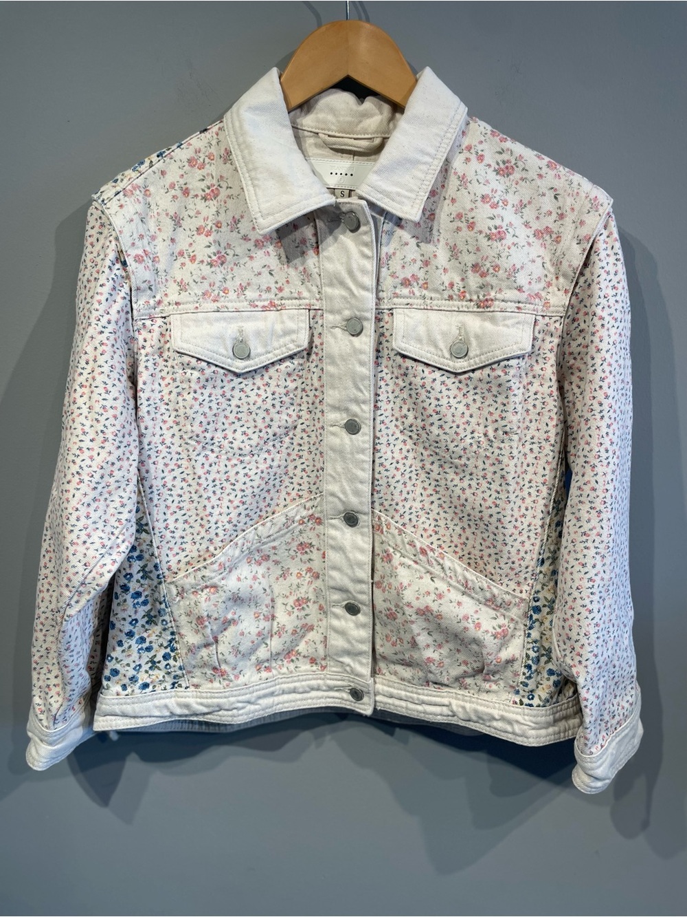 Blank NYC White Denim Jacket with Pink & Blue Floral Print Multicolor